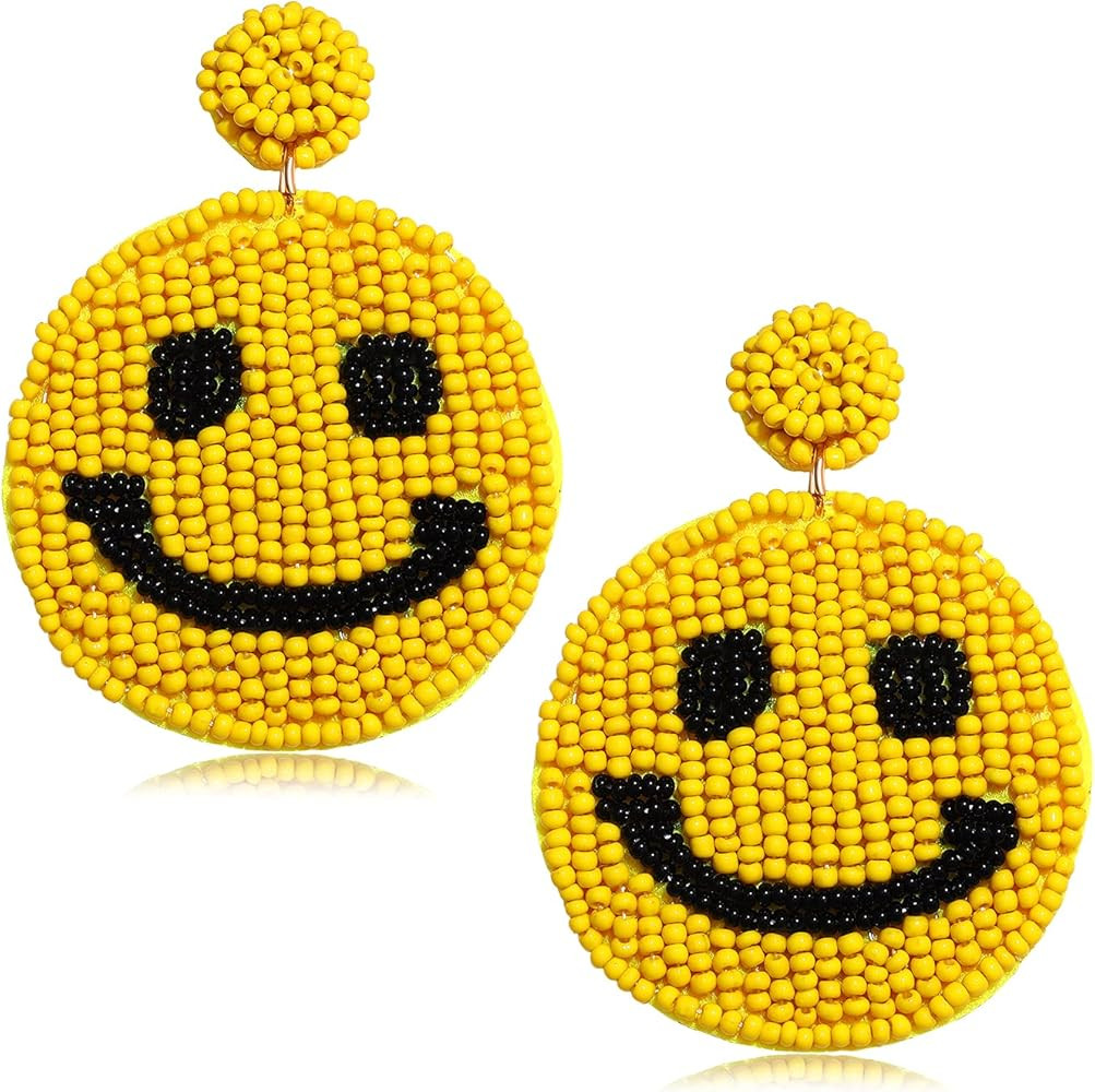 Beaded Smile Earrings Statement Beaded Drop Earrings Cute Happy Face Dangle Fun Earrings Summer J... | Amazon (US)