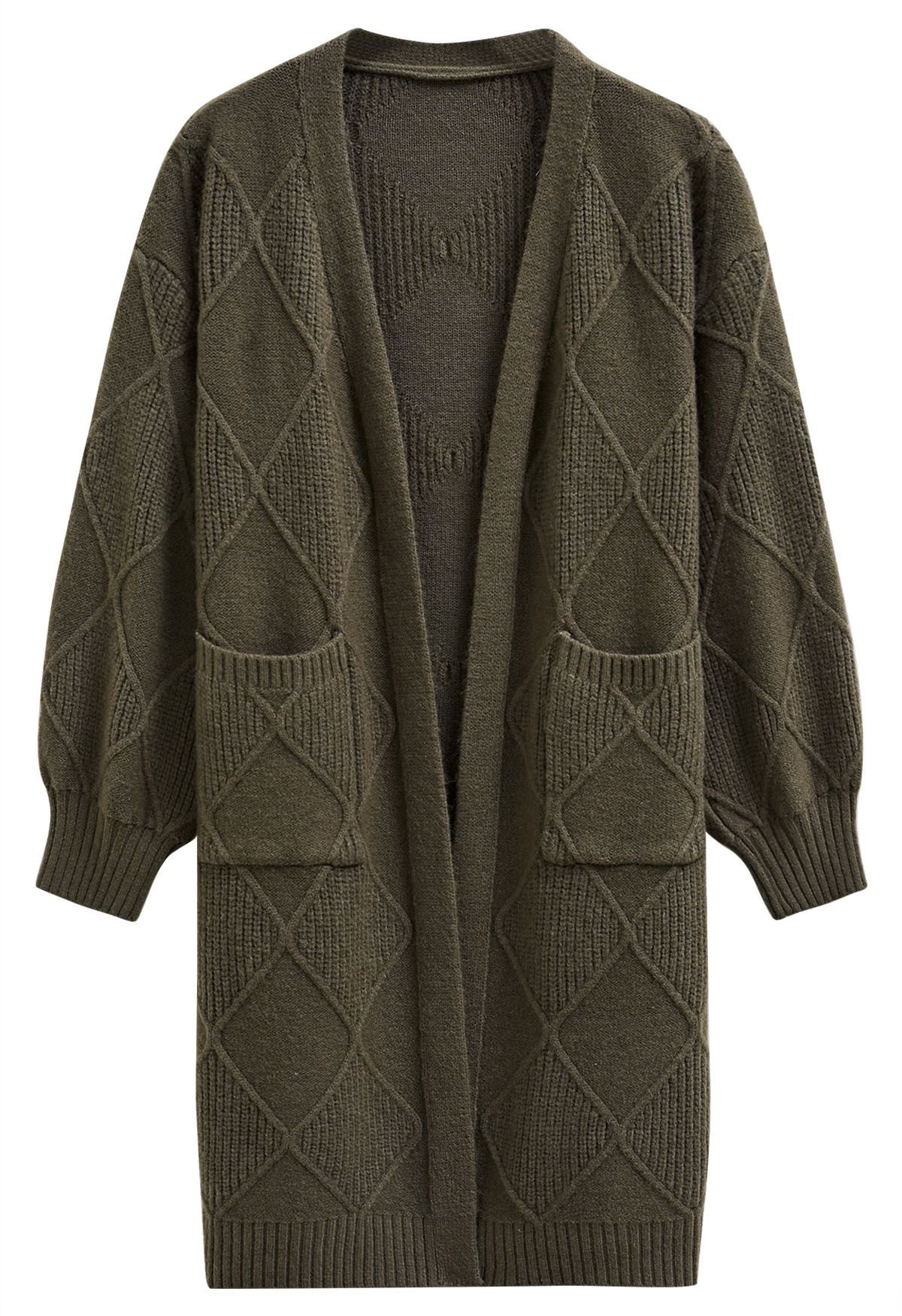 Ribbed Diamond Open Front Longline Cardigan in Moss Green | Chicwish