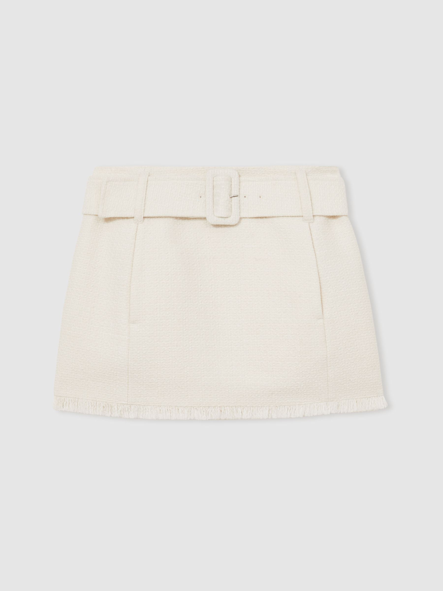 Reiss Bouclé Belted Mini Skirt With Wool and Cotton in White - REISS | Reiss UK