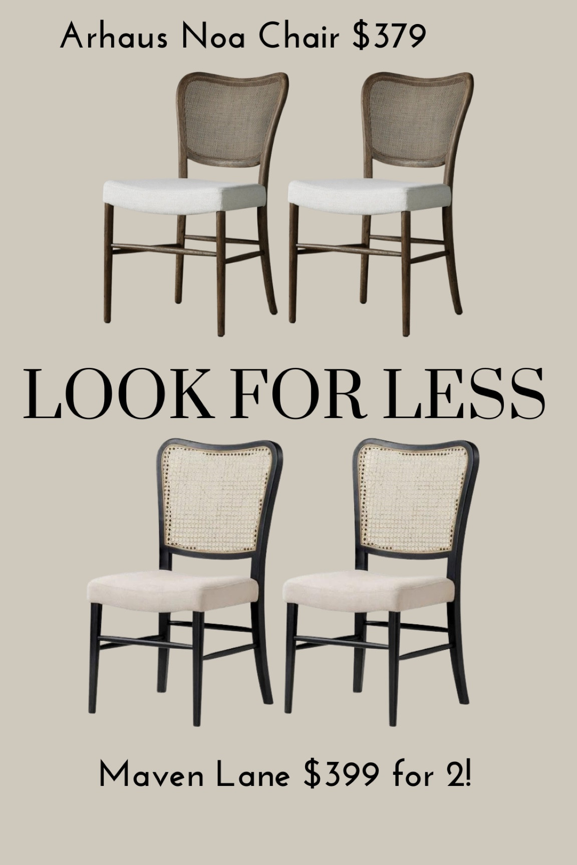 Look for less arhaus noa dining chair. Maven lane version comes in multiple color options and is a pack of two! 

#LTKHome