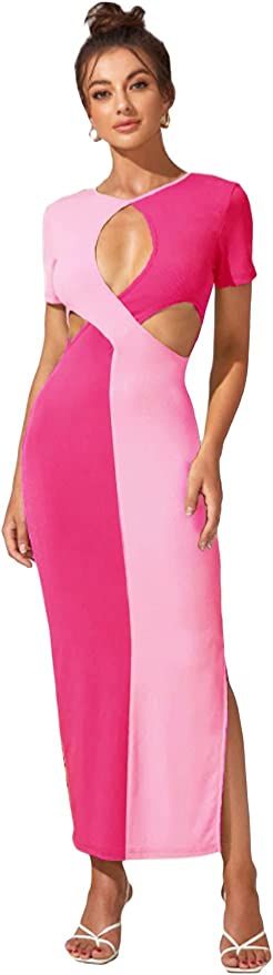 Floerns Women's Color Block Cut Out Short Sleeve Split Thigh Bodycon Long Dress | Amazon (US)