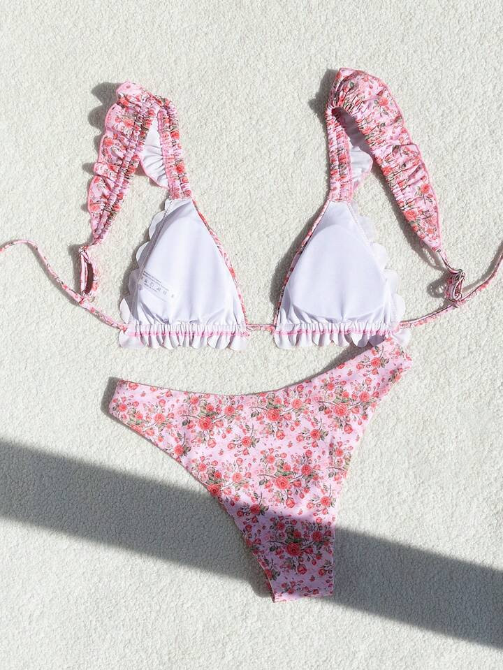 SHEIN Swim Mod Summer Beach Small Flower Printed Frill Edge Bikini Set | SHEIN USA | SHEIN
