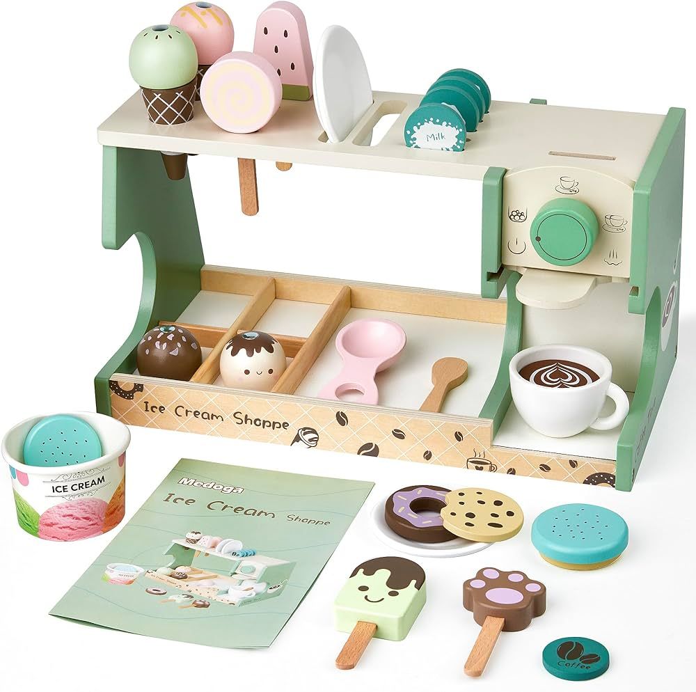 Wooden Ice Cream Toy, 3-in-1 Ice Cream Counter with Coffee Maker 28 PCS Toddler Pretend Play Kitc... | Amazon (US)