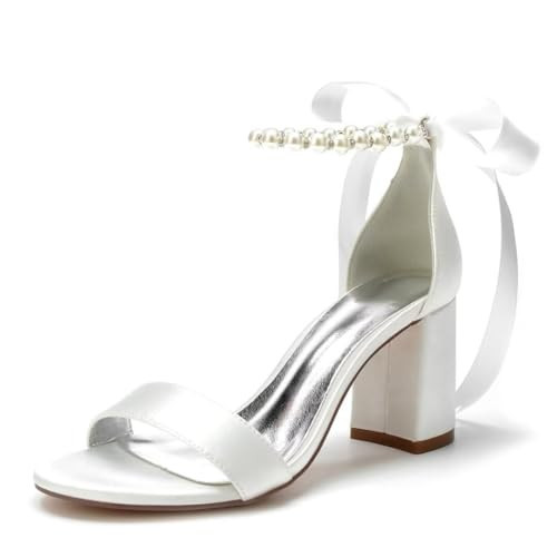 YWXYMGE Block Heel Bridal Shoes Open Toe Pearl Heels Wedding Shoes for Bride Wedding Sandals Bride Heels-Ivory-9.5 | Amazon (US)