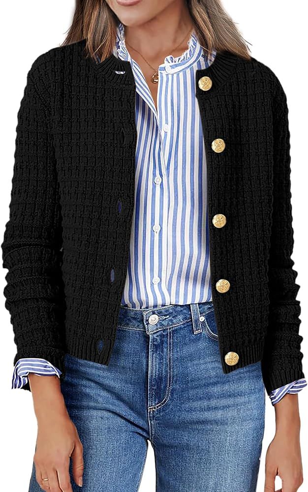 Zeagoo Women's 2024 Knit Cardigan Sweaters Long Sleeve Open Front Button Down Crew Neck Tweed Cro... | Amazon (US)