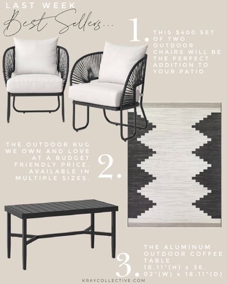 The most popular links in outdoor entertaining.  Patio chairs we love, the outdoor rug we own, and affordable patio furniture for entertaining all summer long. 

#OutdoorFurniture #PatioFurniture #TargetHome #OutdoorRug #OutdoorEntertaining #OutdoorLiving 

#LTKfamily #LTKhome #LTKSeasonal