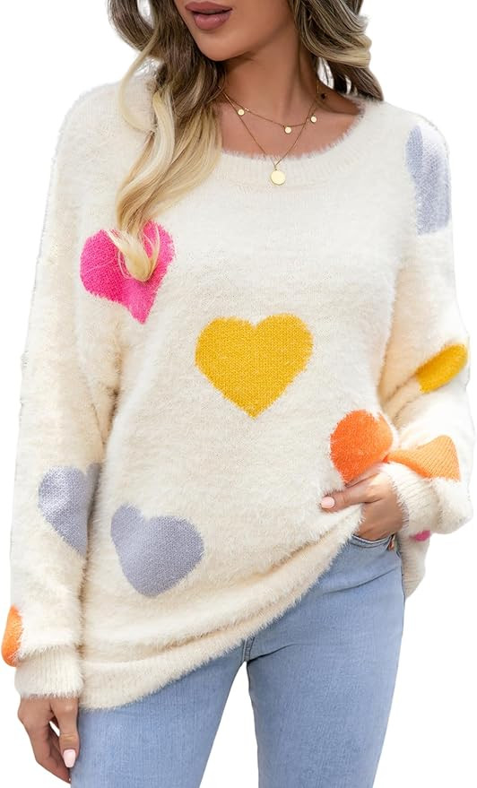 Wyeysyt Valentine Heart Sweater for Women Knit Pullover Sweaters Long Sleeve Crew Neck Casual Kaw... | Amazon (US)