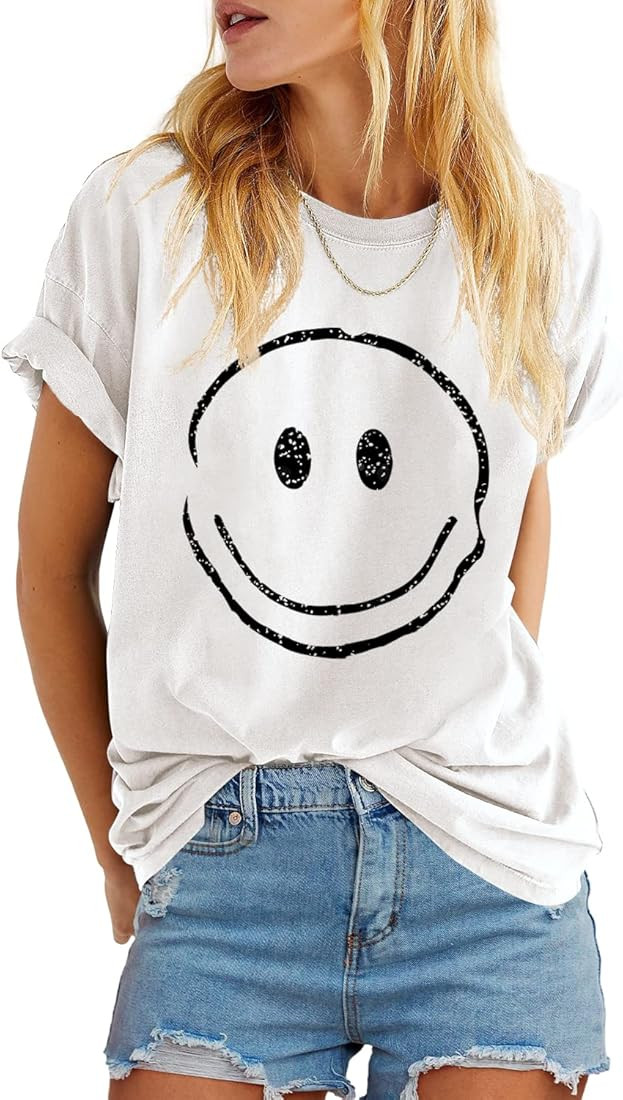 ReachMe Womens Summer Cute Smile Face Graphic T-Shirts Trendy Vintage Casual Loose Short Sleeve T... | Amazon (US)