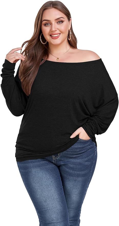 Poetsky Women's Off Shoulder Long Sleeve Tunic Tops Loose Casual Oversized Shirts Blouses S-3XL | Amazon (US)