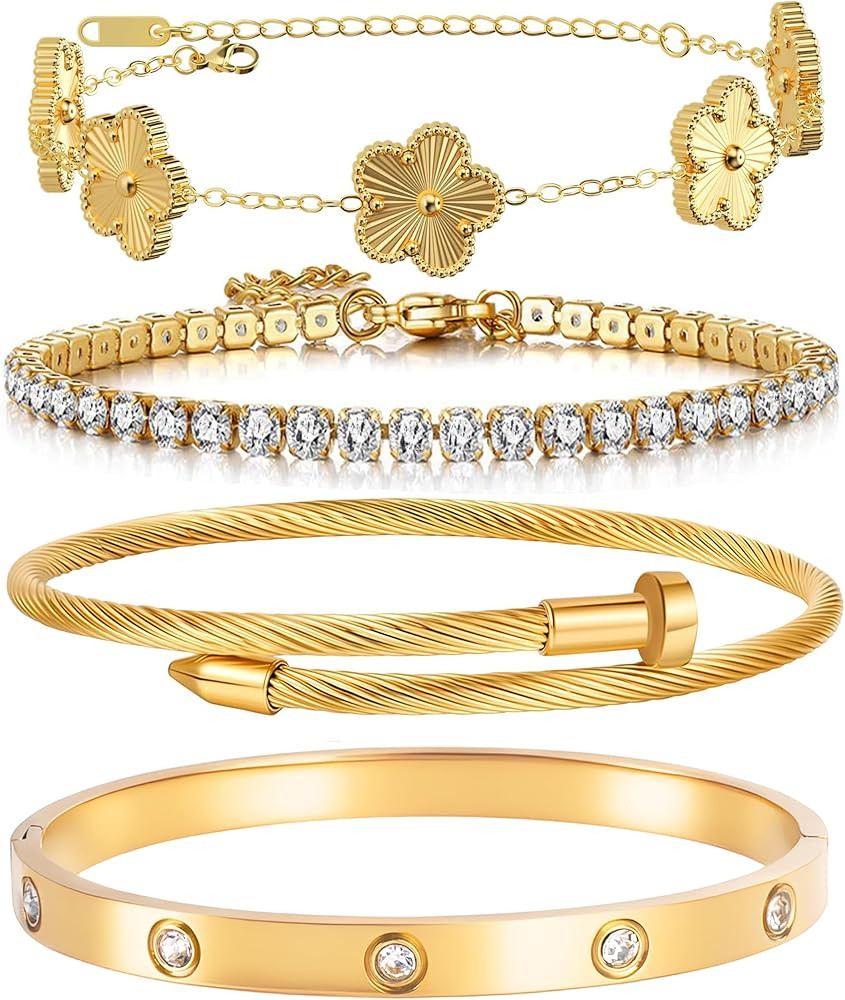 18K Gold Plated Womens Stackable Floral Gold Clover Bracelets Set Love Bangle Bracelets Non Tarni... | Amazon (US)
