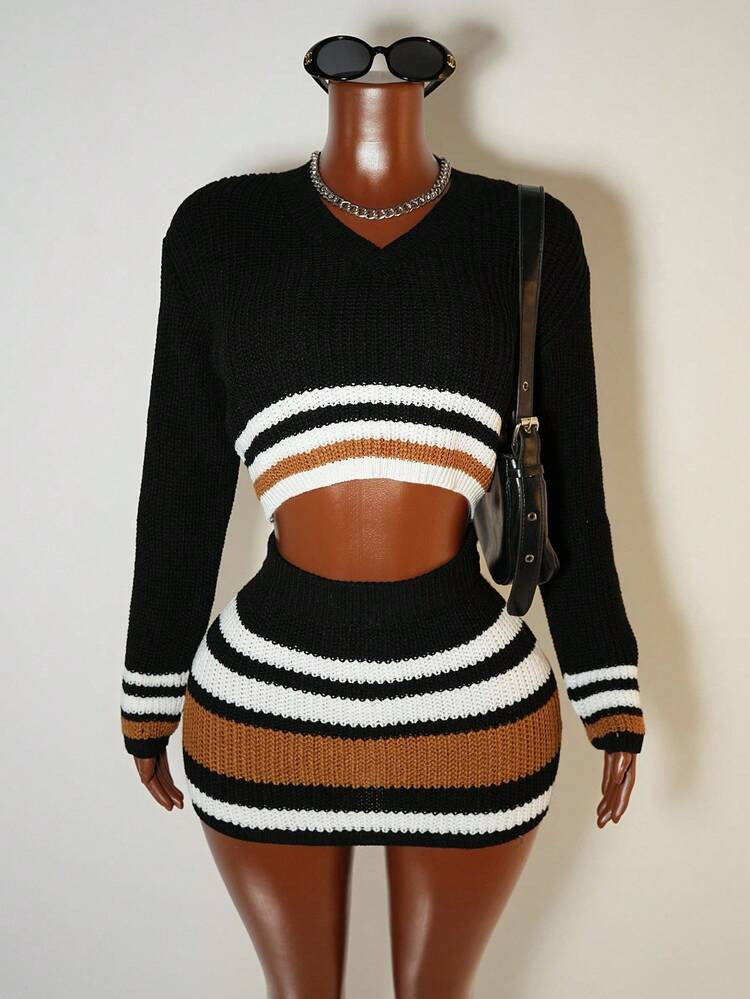 Mistrie Women's Sweater Set, Black & White Contrast V-Neck Long Sleeve & Short Skirt Set, Loose S... | SHEIN