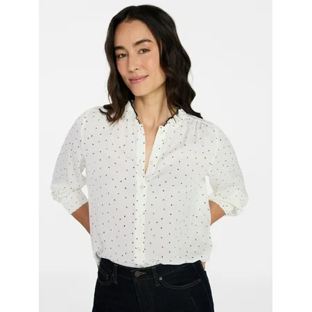 Time and Tru Women's Ruffle Button Down Blouse with Long Sleeves, Sizes XS-XXXL | Walmart (US)
