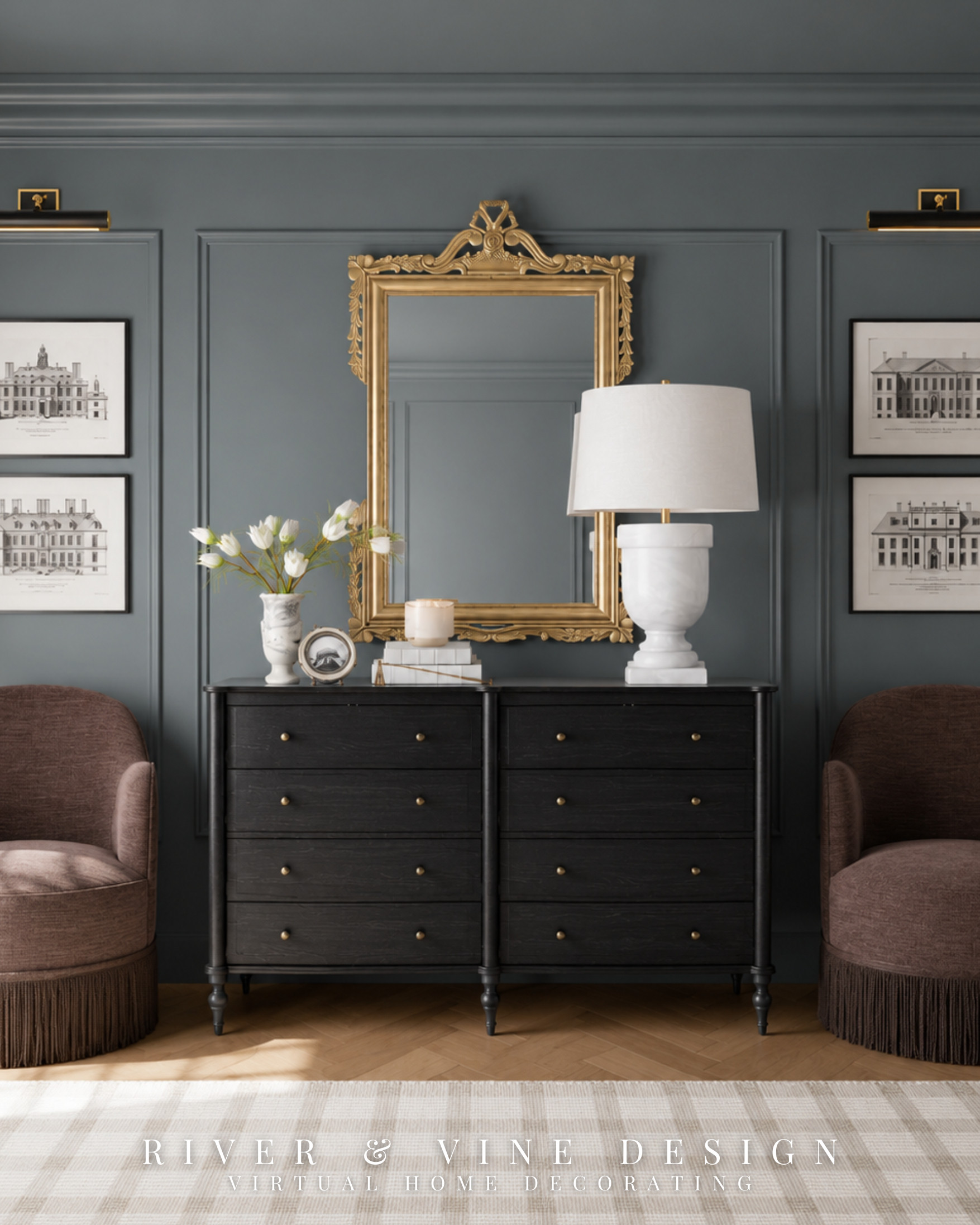 If your dresser styling feels unfinished, vary the height, scale, and visual weight of each piece.

The easiest fix is to create an uneven arrangement with one tall piece, one medium grouping, and one smaller detail. Here, the large mirror anchors the wall, the lamp adds height and function, and the flowers, books, candle, and small framed piece fill the remaining space without making the surface feel crowded.

Another detail worth copying: the black dresser, warm brass mirror, and white marble lamp create contrast without introducing too many competing colors. The matching chairs and symmetrical artwork make the room feel polished, while the dresser styling keeps it from becoming overly formal.

Save this as a formula for styling a bedroom dresser, entry console, or dining room sideboard.

dresser styling ideas, black bedroom dresser, antique brass mirror, traditional bedroom decor, marble table lamp, symmetrical wall art, classic interior styling, modern traditional home

This post contains affiliate links, which means I may earn a commission at no additional cost to you.

#dresserstyling #bedroomideas #traditionalhome #interiordecorating #classicinteriors #homestyling 

 #LTKHome