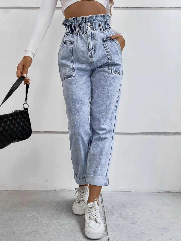 SHEIN Frenchy Paper Bag Waist Mom Fit Jeans | SHEIN