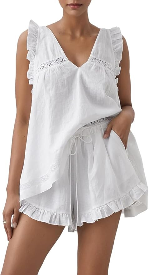 Womens Ruffle Short Set 2 Piece Outfits Fashion Summer Sleeveless Lace Trim Top and Shorts Cotton... | Amazon (US)