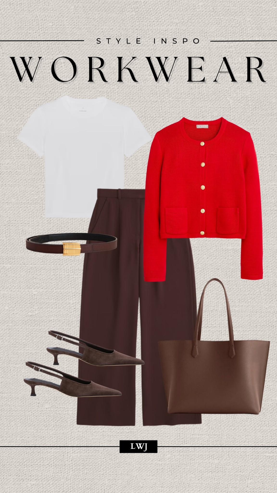 Style inspo: workwear 

Brown wide leg tailored pants / trousers / red cardigan / white tee / slingbacks / tote bag / belt 

#LTKStyleTip #LTKWorkwear