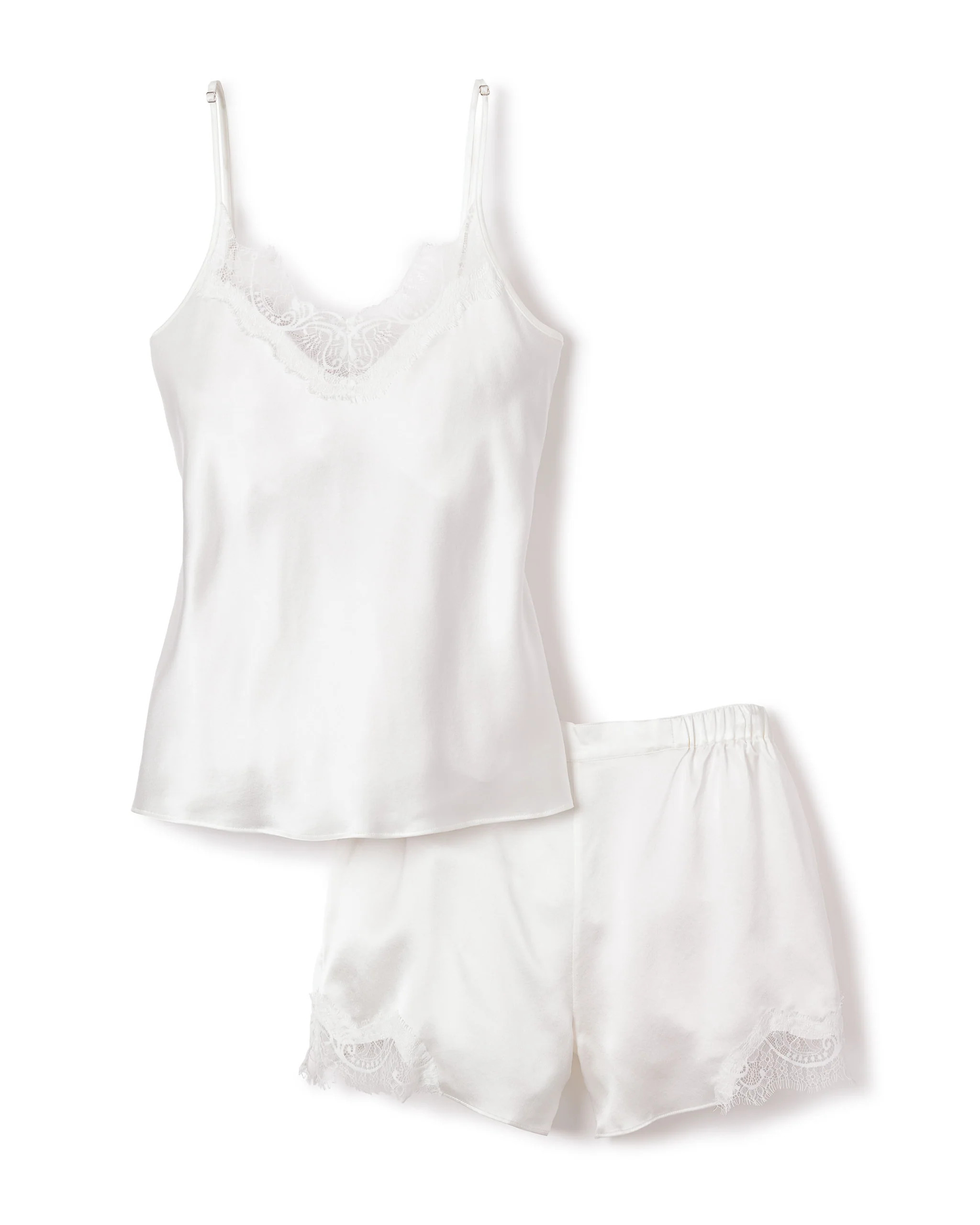 Women's Silk Lace Cami Short Set in White | Petite Plume
