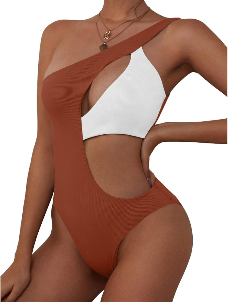 ZAFUL Women's One Shoulder Ribbed Bikini Colorblock Cutout One-Piece Swimsuit Swimwear | Amazon (US)