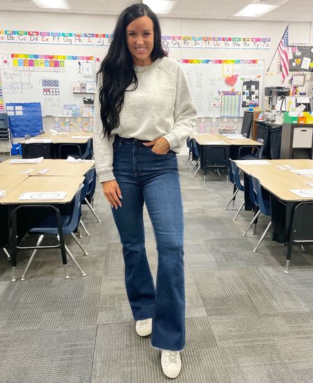 Friday feels 😁😁😁 

Wore a simple crewneck sweatshirt plus my favorite slim flares for casual Friday teacher style! (I sized down in these jeans.)

#LTKstyletip #LTKsalealert #LTKfindsunder50