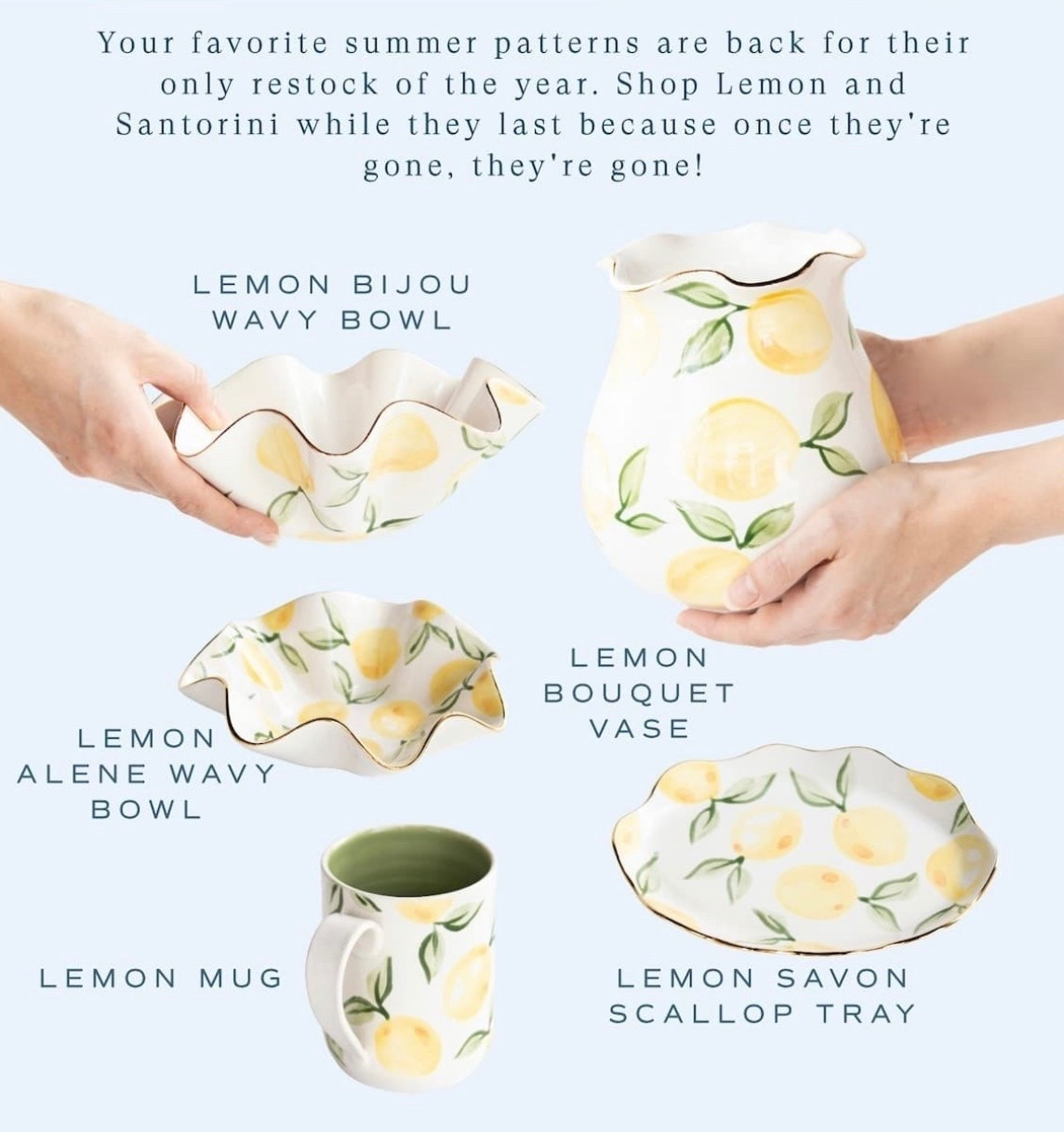 Everyone’s favorite summer patterns are back for their one and only restock of the year 🍋💙 Shop Lemon and Santorini while they last because once they're gone, they're gone!!

#homedecor #grandmillennial #grandmillennialdecor #grandmillenialstyle #homedecorideas #interior #interiordesign #cozyspaces #home #homedesign #homestyle #design #style #grandmillennialhome #preppy #preppystyle #classic #classicstyle #timeless #timelessstyle #scallop #scallopdecor #rattan #rattandecor #rattanstyle #pink #pinkdecor #lightpink #blue #lightblue #blueandwhite #blueandwhitedecor #chinoiserie #floral #floraldecor #nursery #nurserydecor #nurserydesign #nurseryinspo #nurserystyle #gift #giftideas #giftforher #giftsshelllove #gifts #guftsforher #giftguide #shopsmall #smallbusiness #shopsmall #handmade #handcrafted #handpainted #art #artwork #ceramic #sale #salealert #deal #dealoftheday @susangordonpottery   @susangordonpottery

#LTKSaleAlert #LTKSeasonal #LTKHome