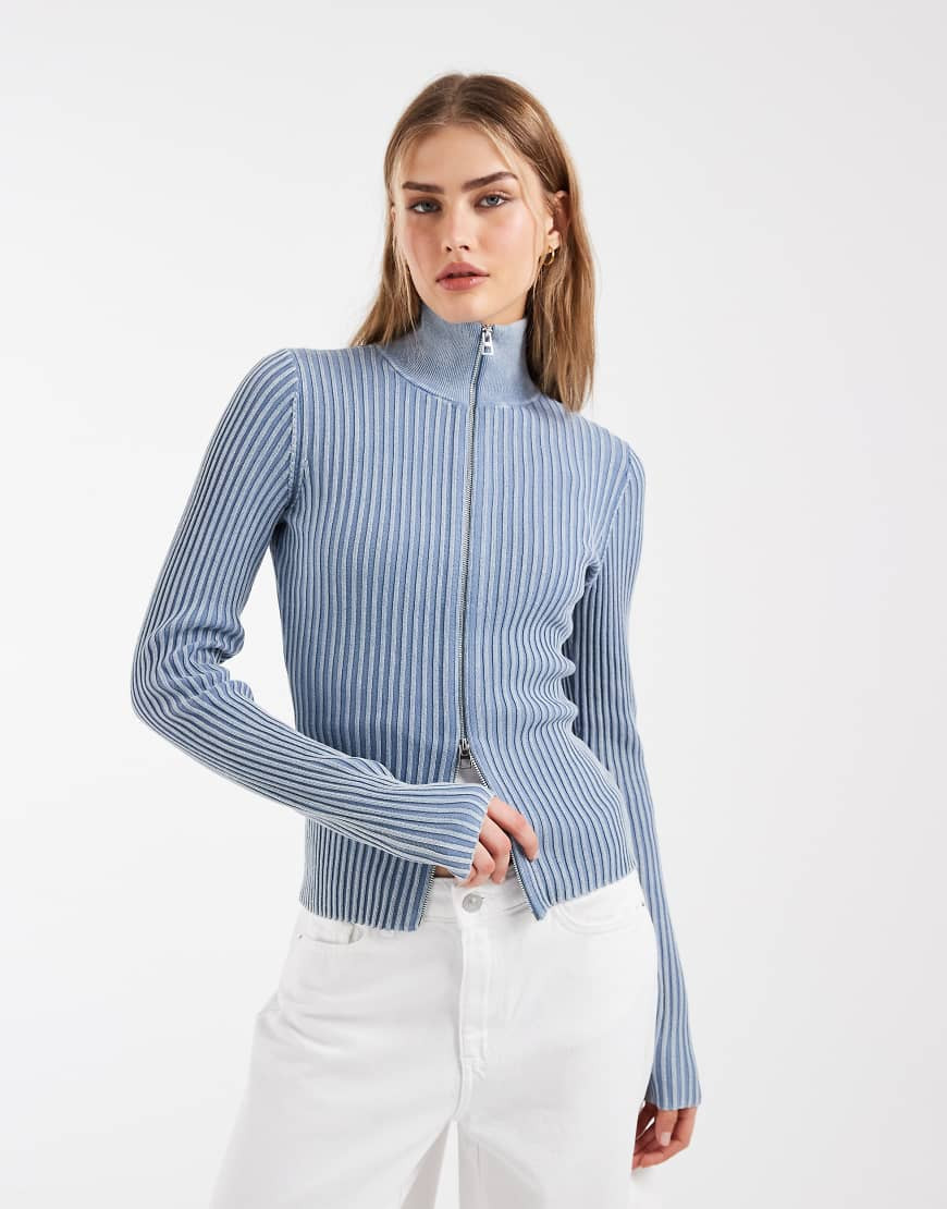 & Other Stories ribbed full zip funnel neck cardigan in acid wash blue | ASOS (Global)
