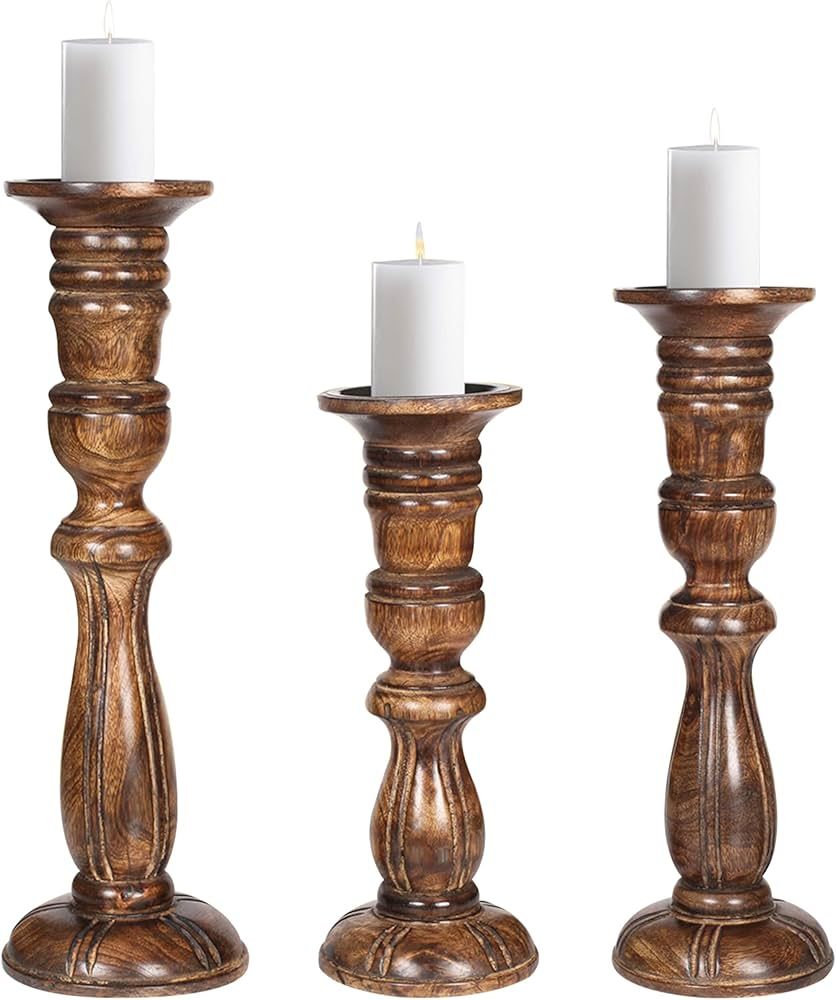 Wood Candle Holder, Candle Holder for Christmas Decoration, Wooden Pillar Candle Holder, Tall Can... | Amazon (US)