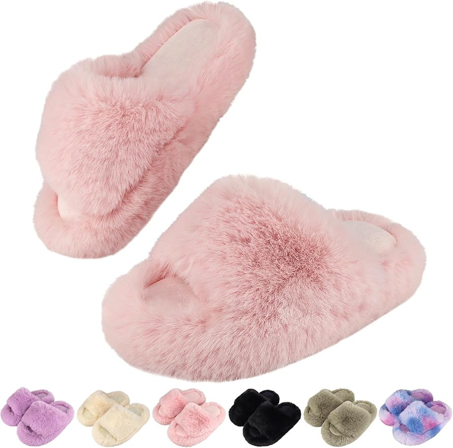 Girls Fuzzy Memory Foam Slippers Comfy丨Kids Fluffy Plush Open Toe House Slippers丨Slip On Furr... | Amazon (US)