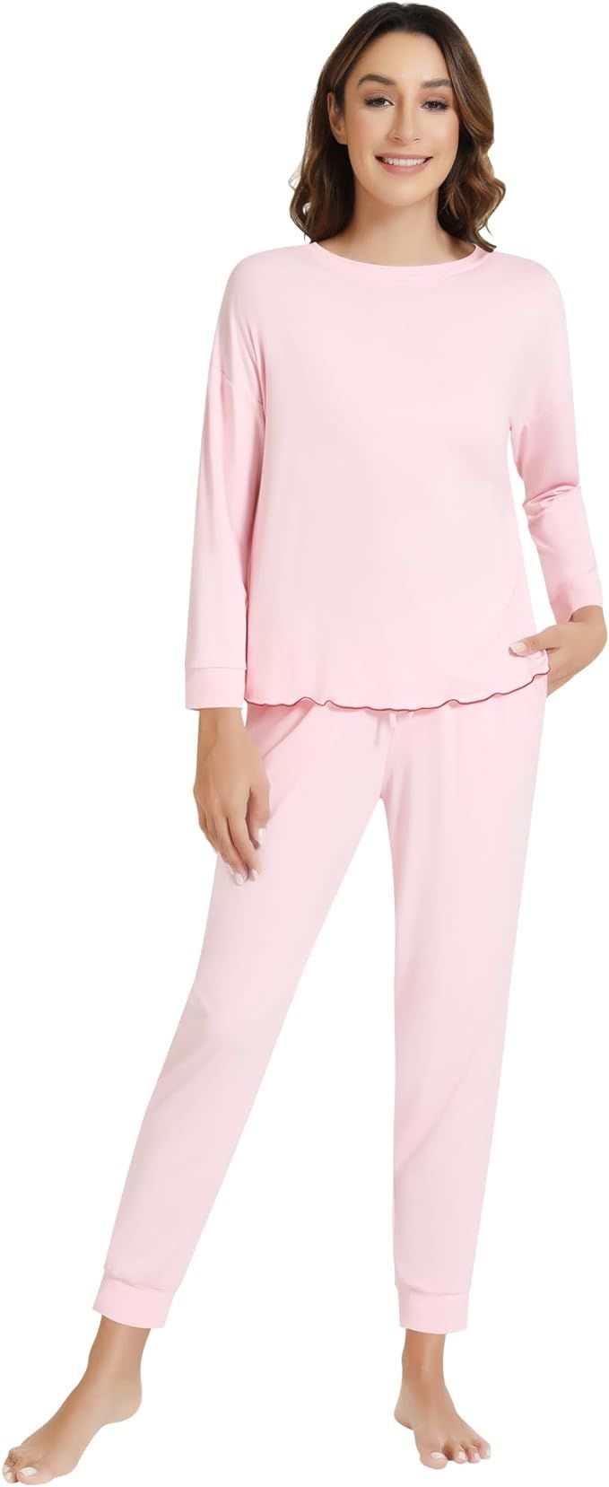 NACHILA Women's Pajamas Set Long Sleeve Pj Top with Long Jogger Pants Soft Crew Neck Loungewear,V... | Amazon (US)