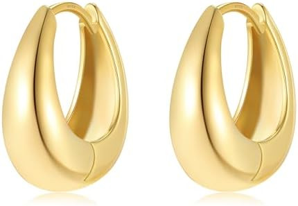 Small Chunky Gold Hoops Teardrop Huggie Earrings 925 Sterling Silver Post 14k Gold Plated Oval Th... | Amazon (US)
