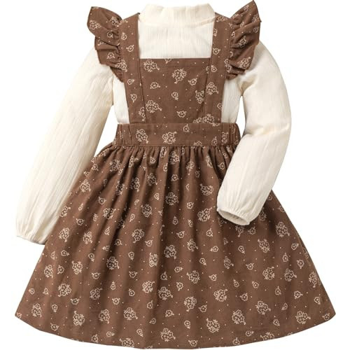 KOGWER Baby Girl Fall Outfits Long Sleeve T-Shirt Matched Strap Baby Fall Dress 2 Pieces Fall Baby Girl Clothes Brown Toddler Dress 12-18 Months | Amazon (US)