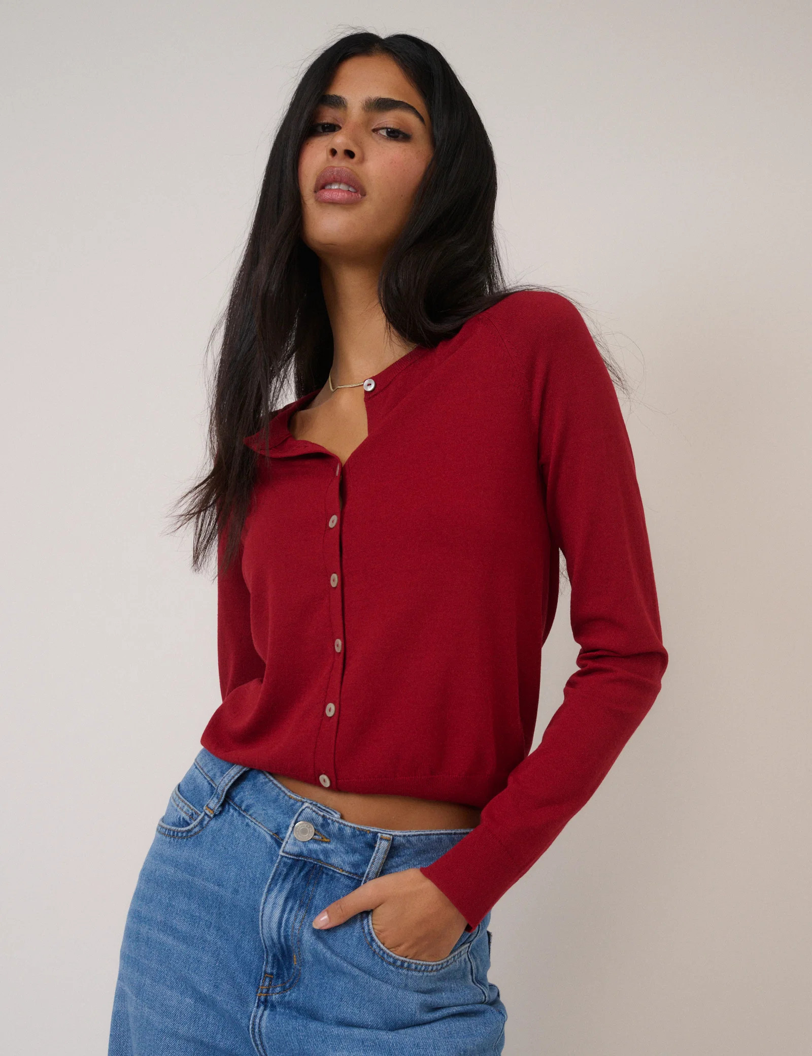 Red Crew Neck Cardigan | Nobody's Child