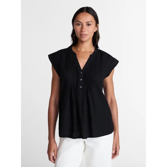 Time and Tru Women's Linen Blend Pintuck Top with Short Sleeves, Size XS-XXXL | Walmart (US)