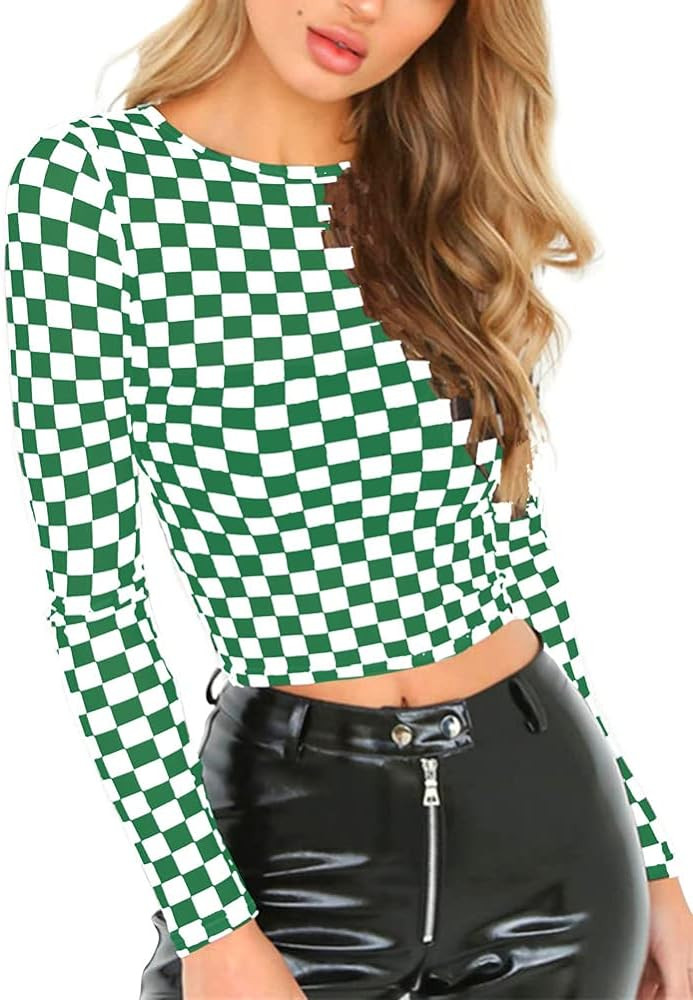 KACAOAC Women's Long Sleeve Checkered Print Sexy See Through Sheer Mesh Crop Top Tee T Shirts | Amazon (US)