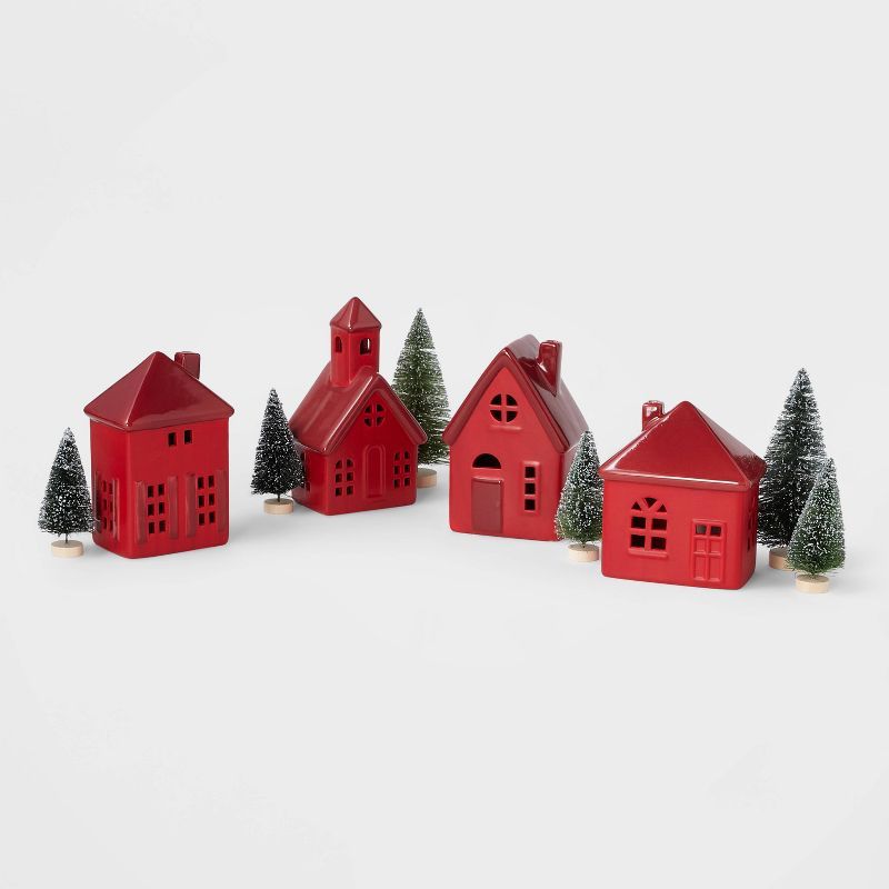 10pc Battery Operated Decorative Ceramic Village Kit Red with Green Trees - Wondershop&#8482; | Target