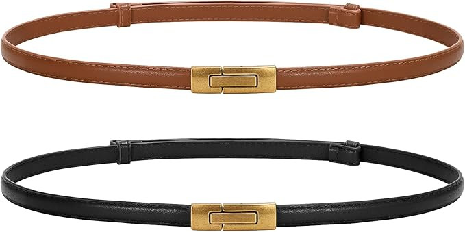 JASGOOD Women Skinny Belts Leather Thin Waist Belts for Dress Ladies Belts with Gold Buckle | Amazon (US)
