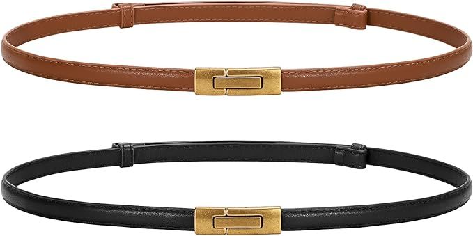 JASGOOD Women Skinny Belts Leather Thin Waist Belts for Dress Ladies Belts with Gold Buckle | Amazon (US)