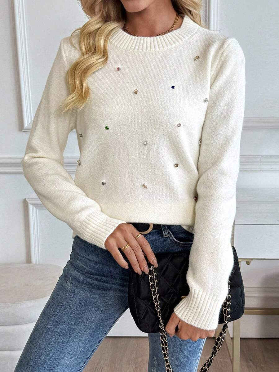 EMERY ROSE Casual Rhinestone Decor Crew Neck Sweater, Autumn/Winter | SHEIN