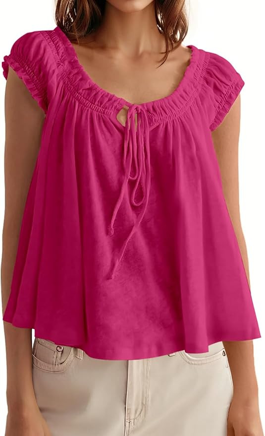 Tankaneo Women Summer Tie Front Tank Tops Cap Sleeve Pleated Babydoll Tops Casual Loose Fit Going... | Amazon (US)
