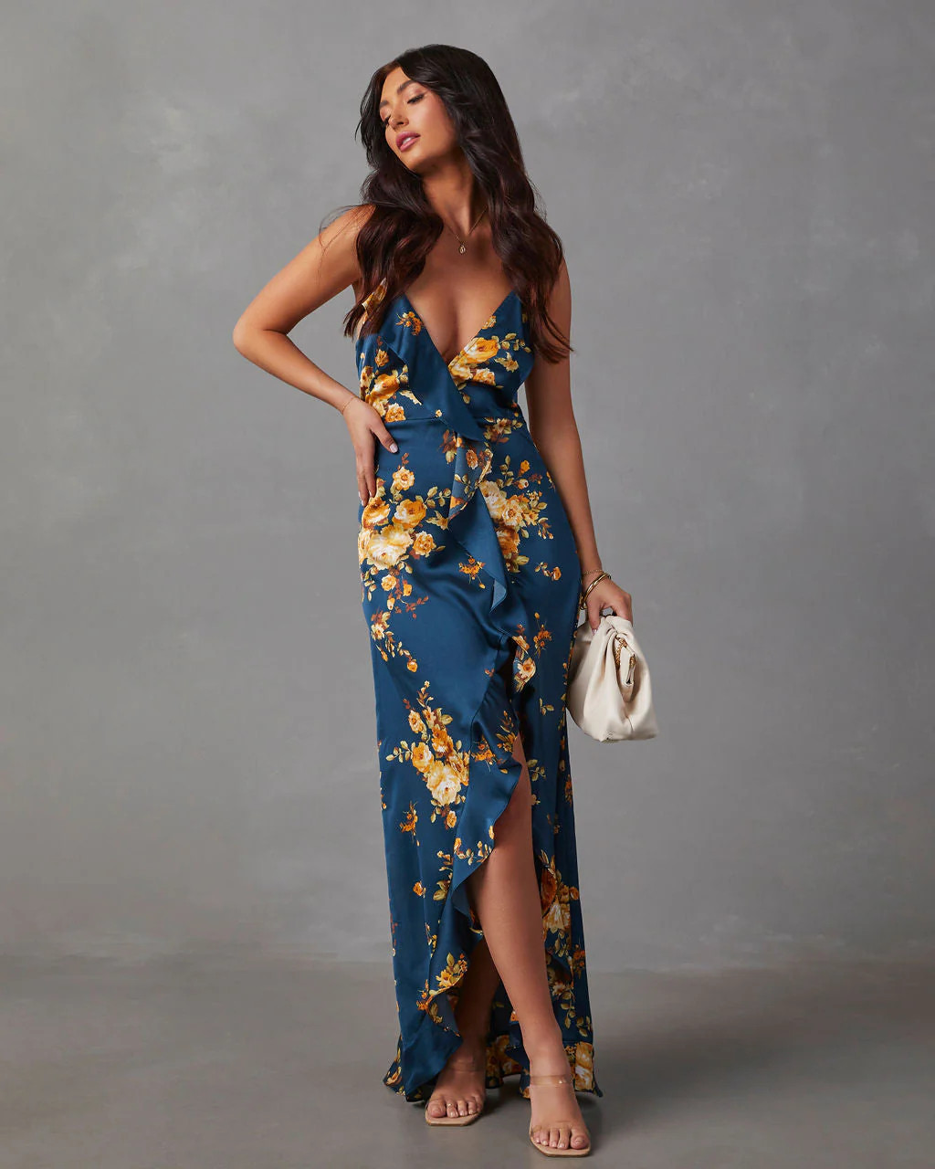 Capriccio Satin Floral Ruffle Maxi Dress | VICI