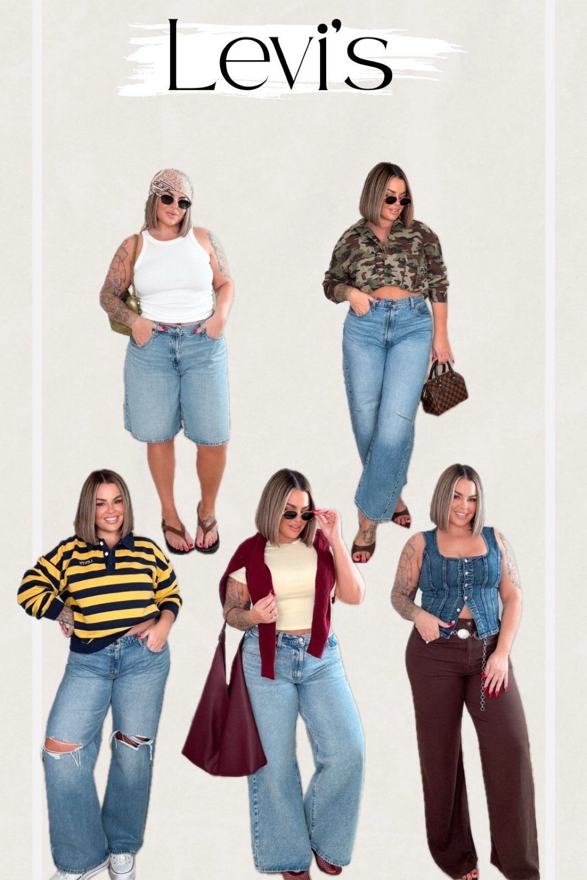 @levis 

White tank L 
Jorts sized up to 33 for baggy fit 
Camo jacket L 
Barrel jeans size up at least one size if not 2 I sized up 2 sizes in these wearing a 33. 
Stripe sweatshirt L 
Low rise also size up 2 sizes I’m doing 33 
Yellow tee L 
Burgundy sweater L 
Midsize jeans size up one size wearing a 32X31 length .
Linen pants size up one size im wearing 32x32 length LOVE these so lightweight and comfy
Denim vest L

Follow my shop @shaynaslife on the @shop.LTK app to shop this post and get my exclusive app-only content!

#liketkit 
@shop.ltk
https://liketk.it/6lKmo