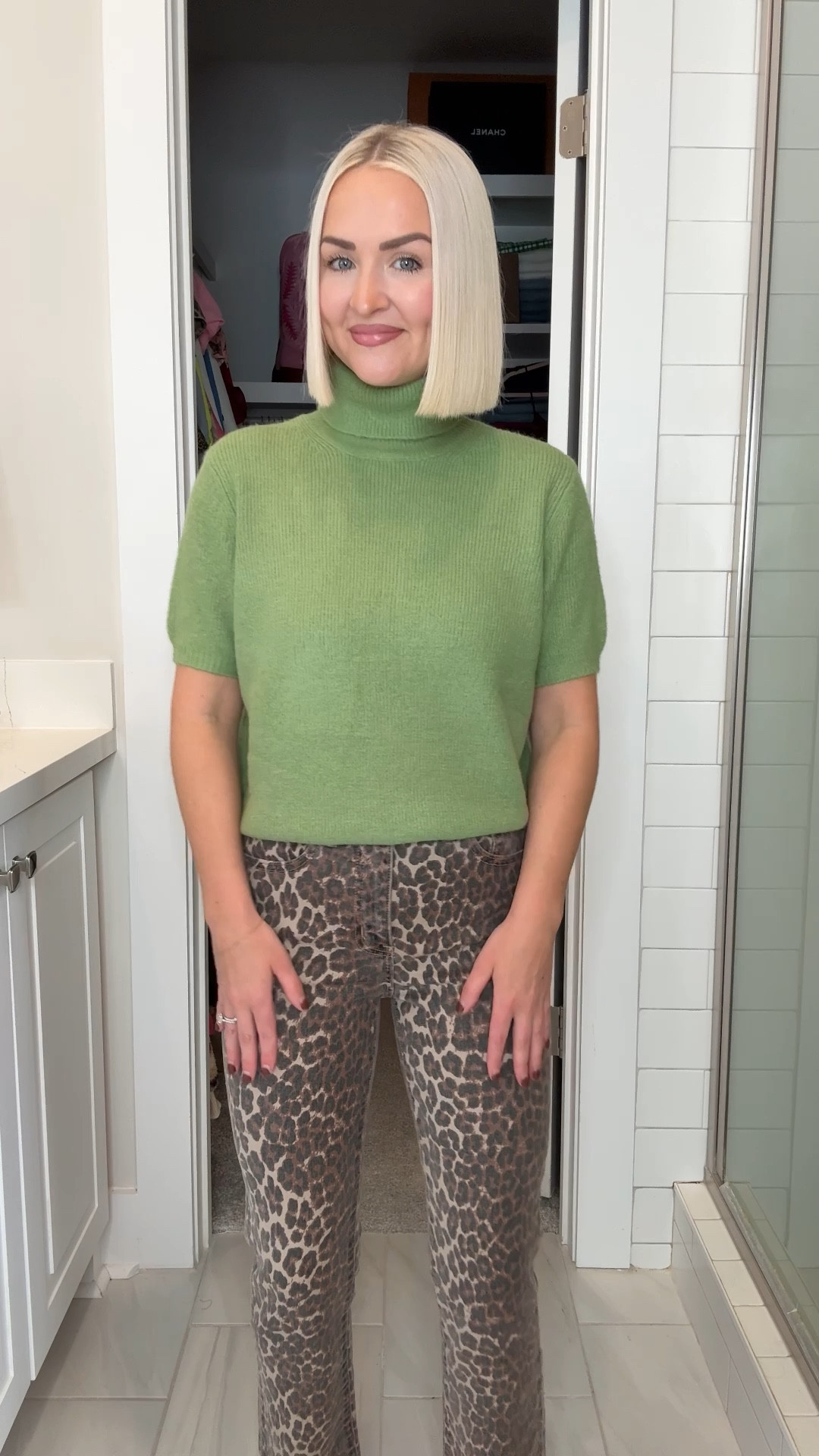 Olive short sleeve turtleneck sweater (small) / leopard print kick flare jeans (size 24 - TTS) 

#LTKPetite #LTKHalloween #LTKFindsUnder100
