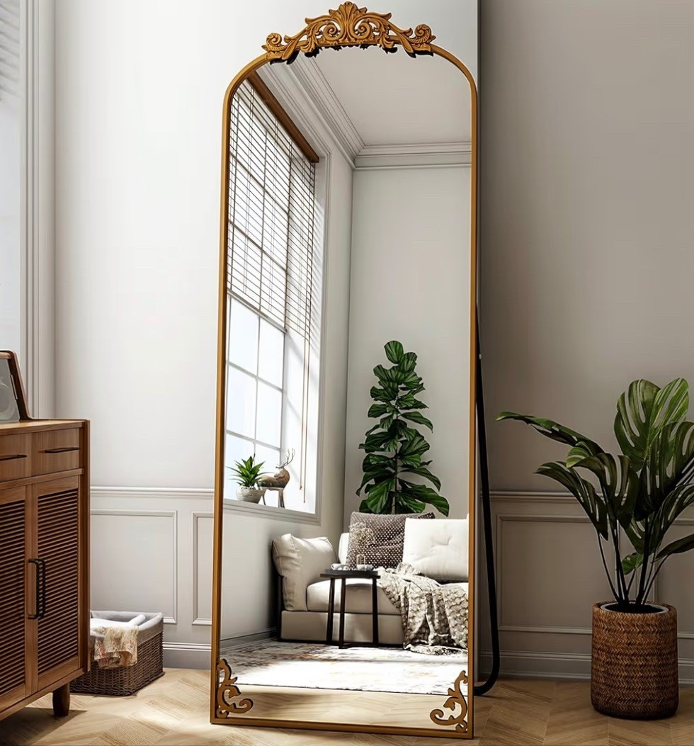 21"x 64" Arched Full Length Mirror, Freestanding Floor Mirror with Carved Metal Frame & Bottom Art Carved, Bronze Full Body Mirror for HomeDecor, Halling Wall Mirror with Vintage Ornate Carved Accents

#LTKHome