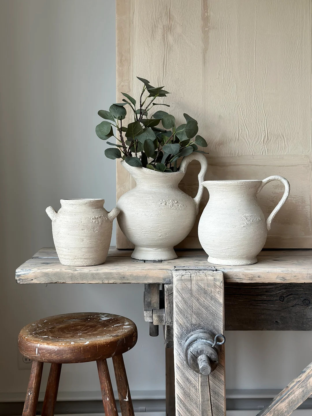 White rustic jug 9.5'' wide, Artisan vase, Hand painted vessel, Farmhouse vase, Stone textured va... | Etsy (US)