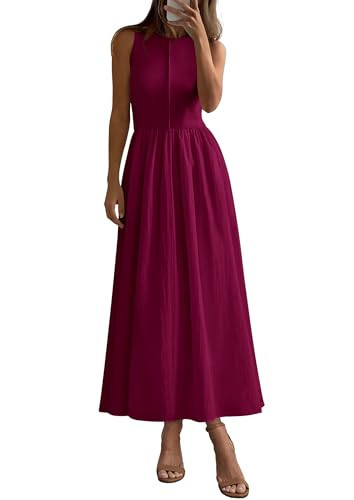 PRETTYGARDEN Pleated Maxi Dresses for Women with Pockets Wine Red,S | Amazon (US)