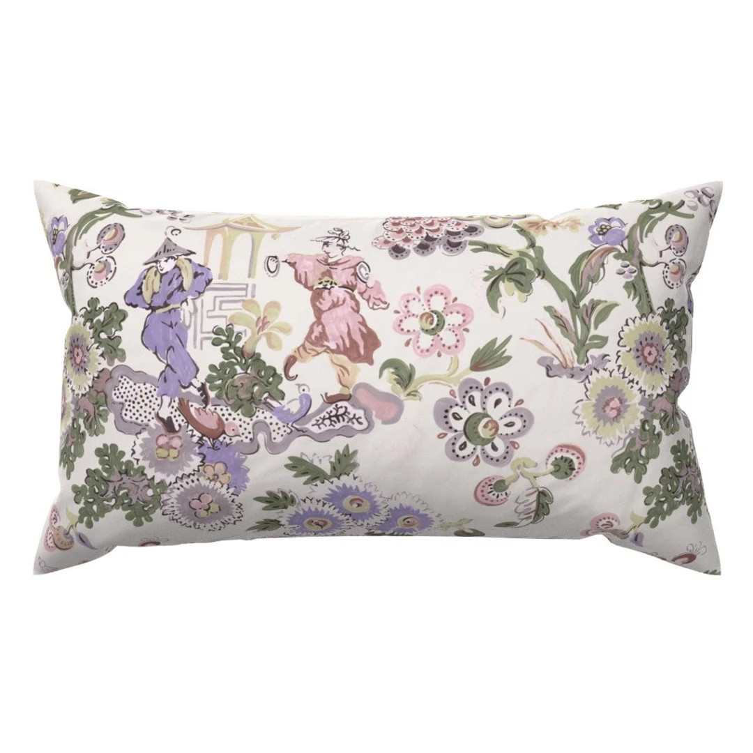 Floral Chinoiserie Lumbar Pillow - Pagoda Garden Pastel Botanical Purple Pink Rectangle Accent Th... | Etsy (US)