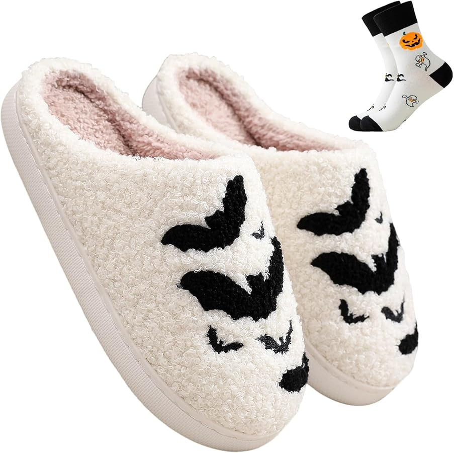 Halloween Slippers for Women, Ghost Slipper Bats Pumpkin Cookie Spider Web Fall and Winter Black ... | Amazon (US)