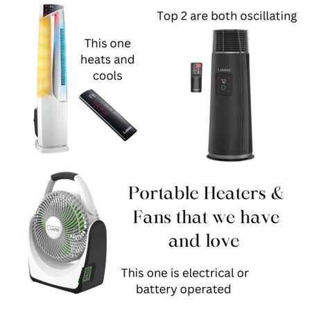 We have all of these portable heaters/fans and they all work great! The top two put off great heat and are oscillating. The white one can also cool and does a great job at that as well. They come with remotes which is always handy and will quickly warm up your space. The portable fan is great to have for outdoor functions like games, camping or a day at the beach etc. It’s also great for a bedroom or office space. You can plug it in or charge it to run on a battery. 

#LTKhome #LTKtravel #LTKGiftGuide