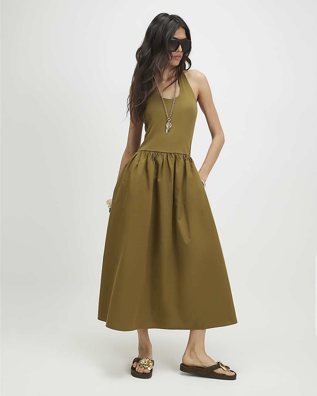 Khaki Halter Neck Maxi Dress | River Island UK & IE