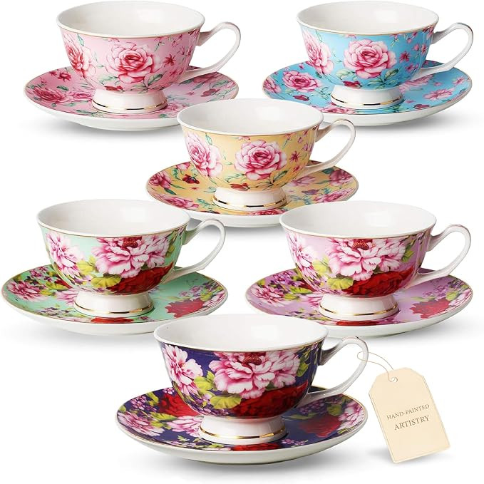 BTaT- Floral Tea Cups and Saucers, 8 oz, Set of 6 | Fine Porcelain Teacup Set with Gold Trim for ... | Amazon (US)