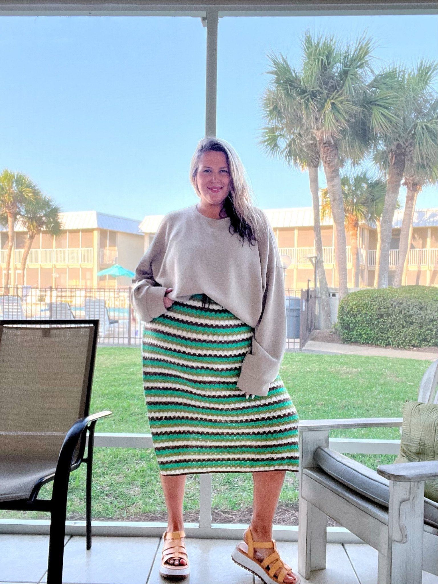 What I Wore: Beach Edition! One evening, we met our friends at their house on the beach. The wind gave a little chill, and we walked over from our condo so I figured this would be the perfect look. It proved to be incredibly comfortable and I still felt cute and pulled together! This spanx airessentials crewneck is the most comfortable thing EVER. I am wearing the 3X here, as you can see the sleeves are extra long. I am wearing the 2X in this crochet skirt, and honestly I could probably have done the 1X but I don’t hate the extra room. I wore my favorite spanx undershorts and Target platform sandals! Don’t forget, you can always use my discount code for Spanx ASHLEYDXSPANX! 

#LTKcurves #LTKtravel #LTKSeasonal